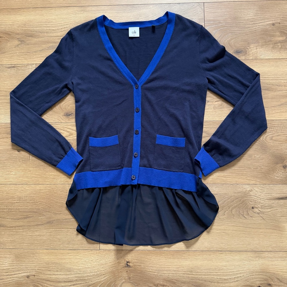 CAbi Color Block Cardigan Small Blue 100% Cotton Button Front Chiffon‎ Hem